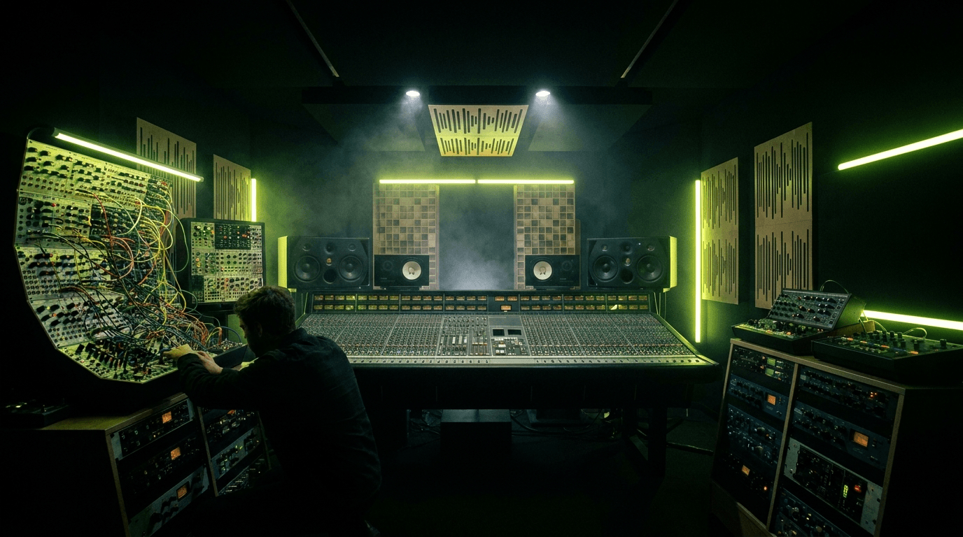 NERDKLANG Tonstudio in Worms — Regieraum mit Referenz-Monitoring und Synthesizern